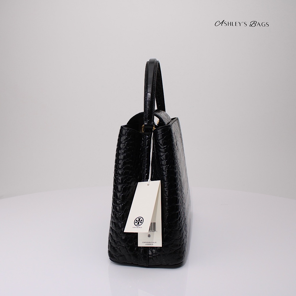 Tory Burch Britten Croc Embossed Small Satchel Crossbody In Black - Picture 4 of 12